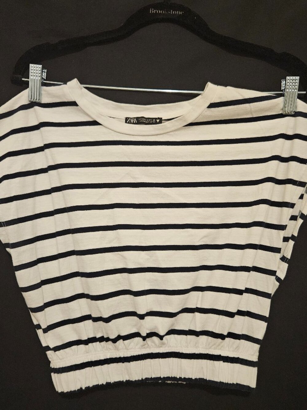 Zara Navy Stripe Crop Top White Boxy Elastic Hem Short Sleeve Sailor S